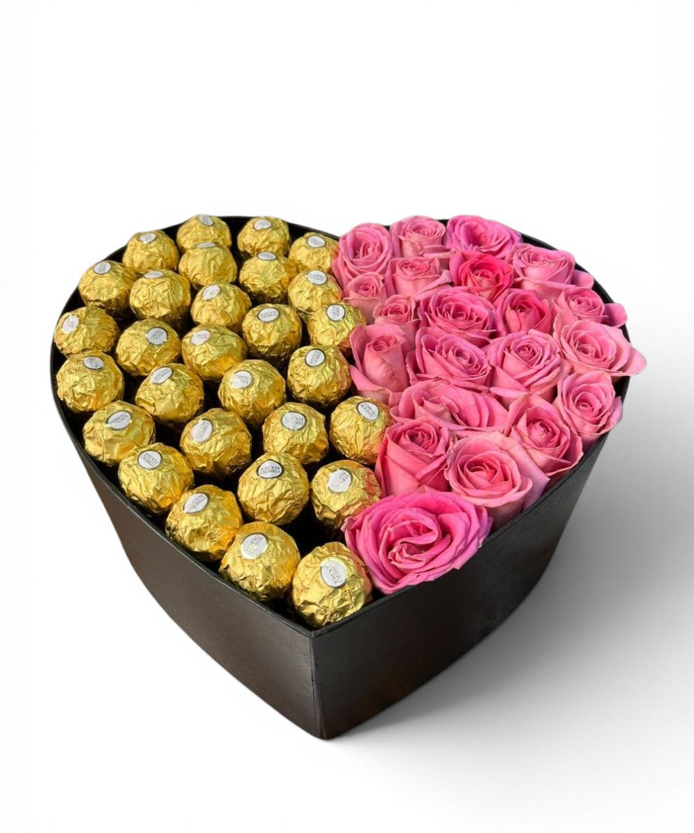 Heart Box with 30 Pink Roses and 32 Ferrero Rocher