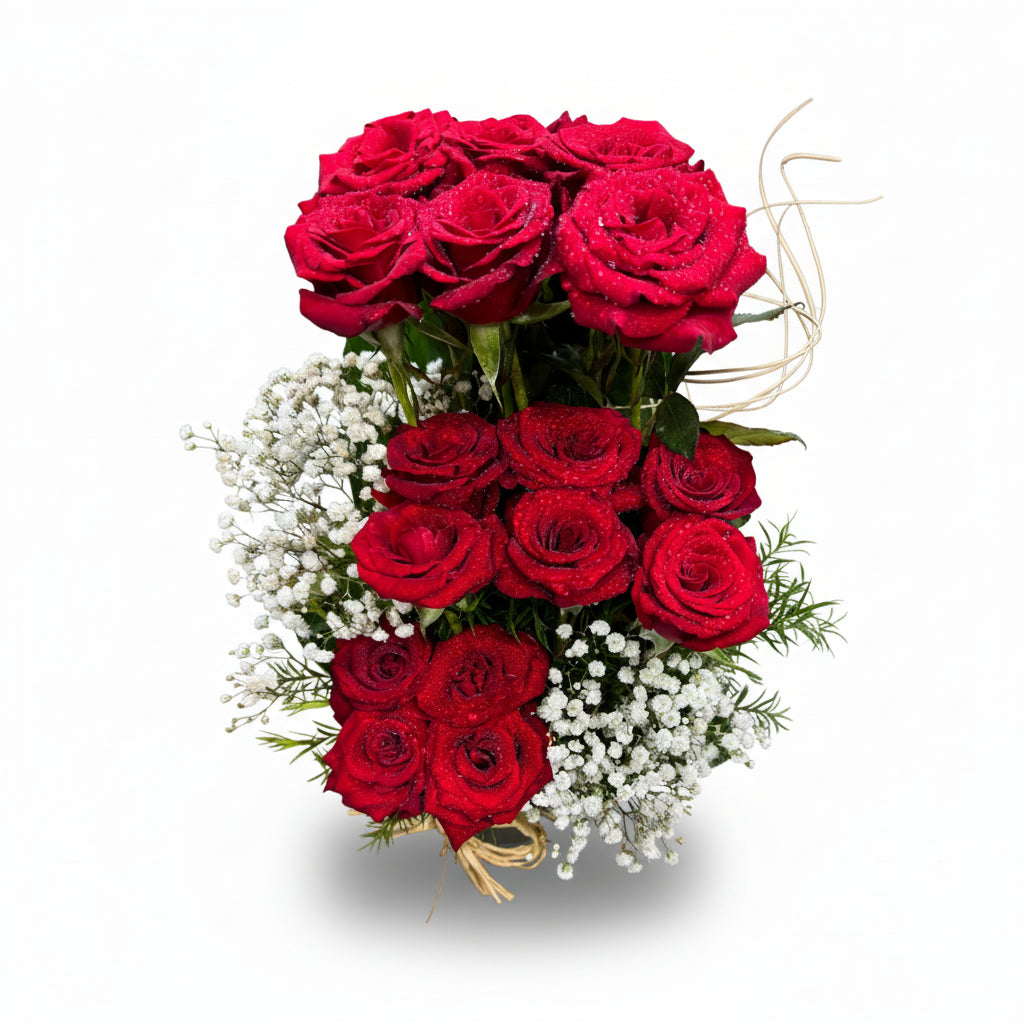 16 red roses & baby flowers vase