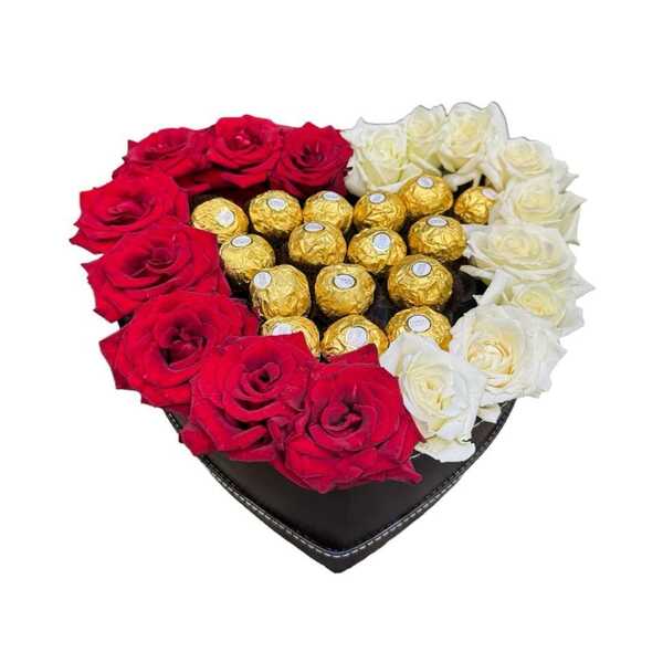 Heart Box with Red & White Roses and Ferrero Rocher