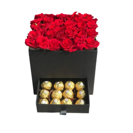 Square Box with 20 Red Roses and 16 Ferrero Rocher