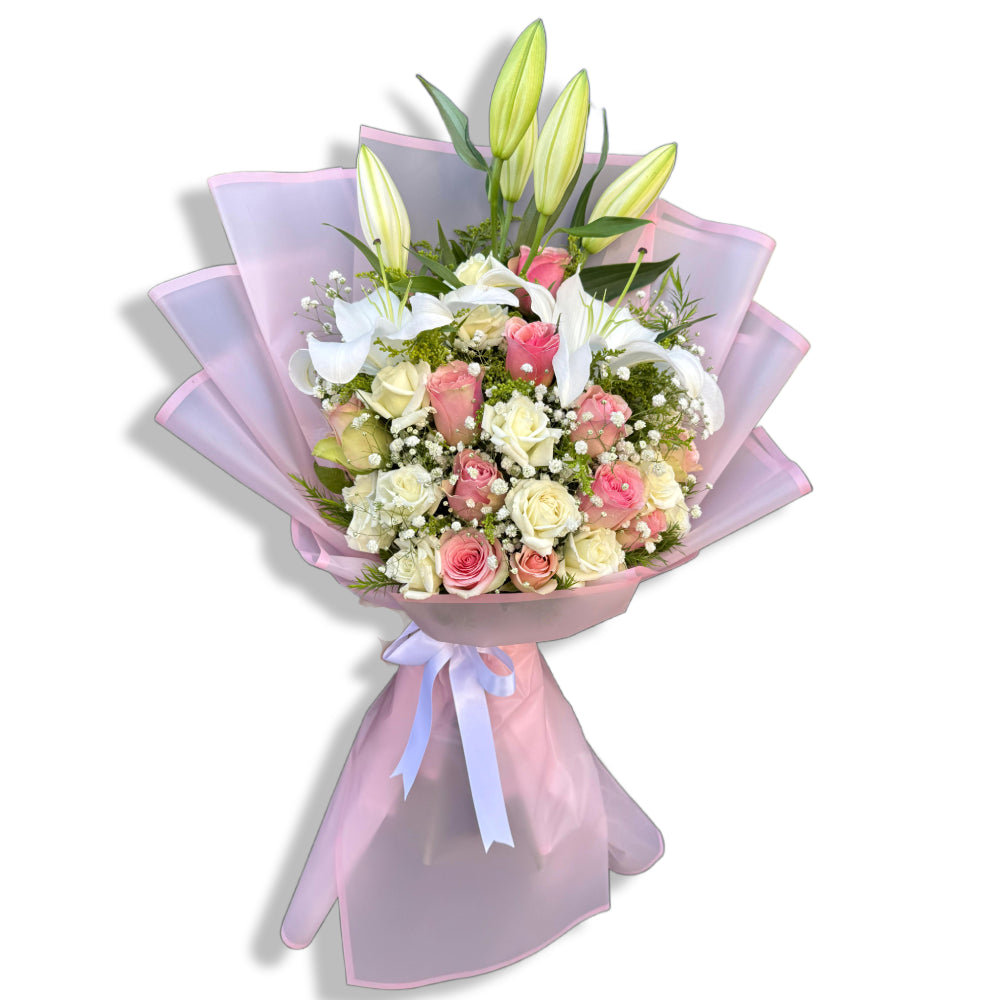 imported White & red roses & lilies bouquet