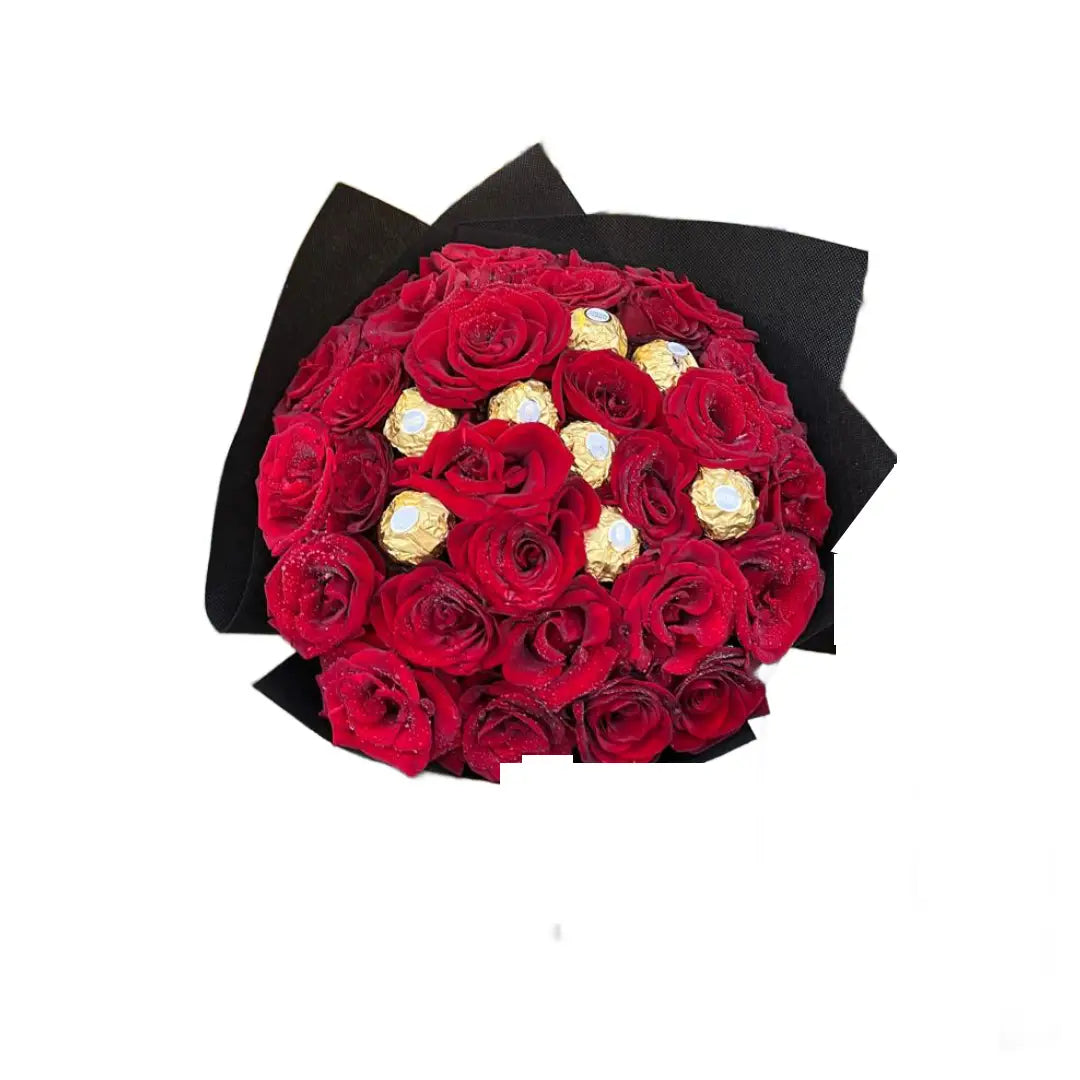 (20 - 150) Red Flowers With 8 Piece Frerro Rocher Chocolate Bouquet