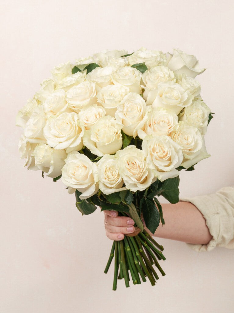 100 White Roses Hand Bouquet
