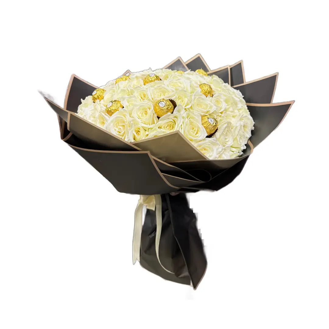 (20 - 150) White Flowers With 16 Piece Frerro Rocher Chocolate Bouquet