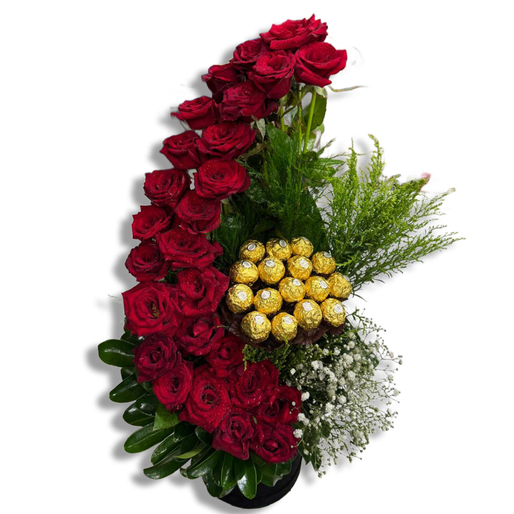 Ferrero Rocher Roz 26 red roses & 16 pcs Ferrero Rocher in box – Bayt Alzahra
