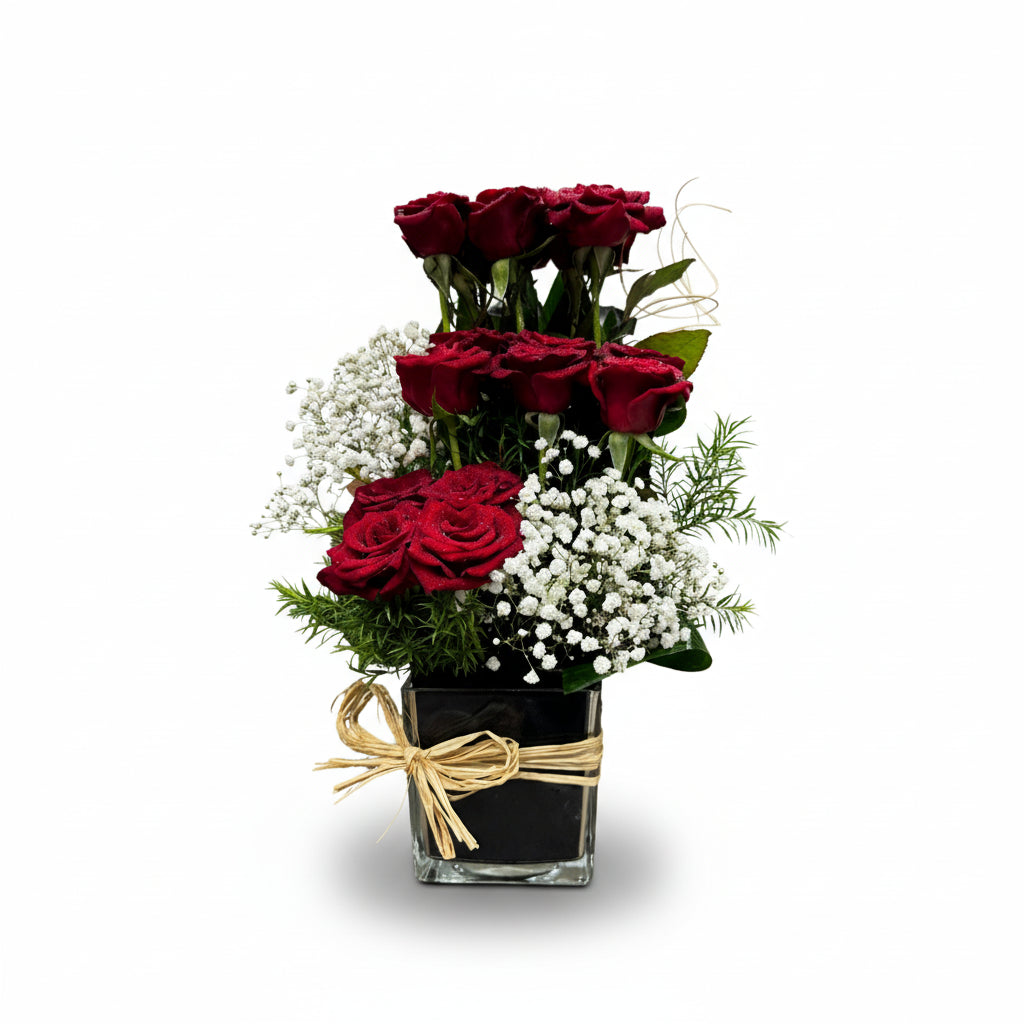 16 red roses & baby flowers vase