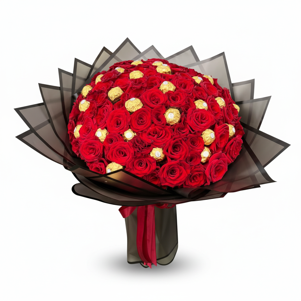 100 Red Roses & 32 Ferrero Rocher Bouquet – Bayt Alzahra