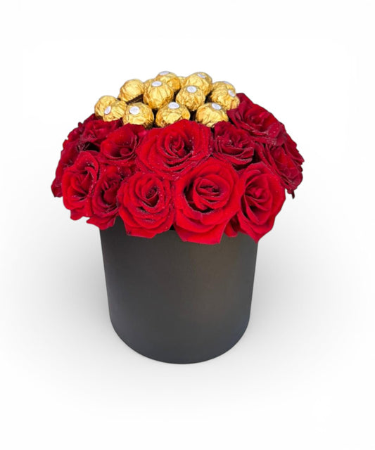 Box with 20 Red Roses and 16 Ferrero Rocher