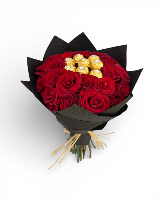 20 Red Flowers With 8 Piece Frerro Rocher Chocolate Bouquet