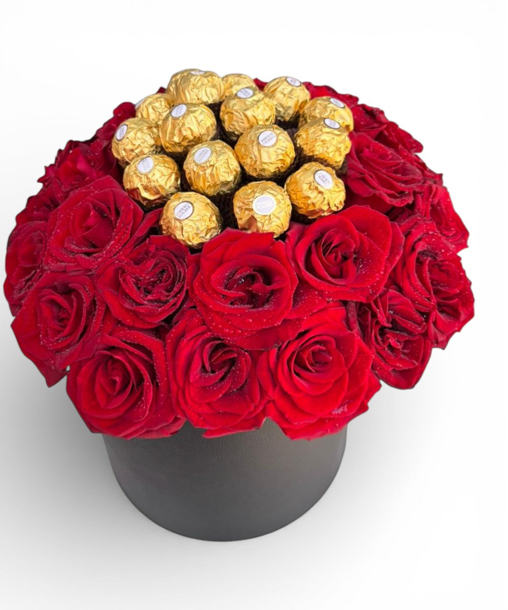 Box with 20 Red Roses and 16 Ferrero Rocher