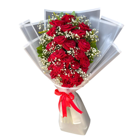 20 Red Flowers & Baby's Breath Bouquet