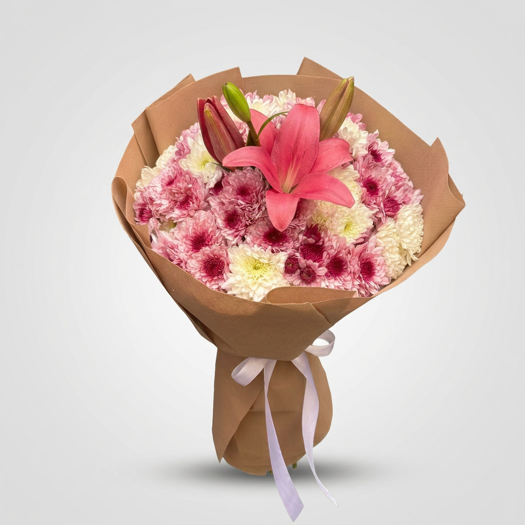 Chrysanthemums & pink lilies