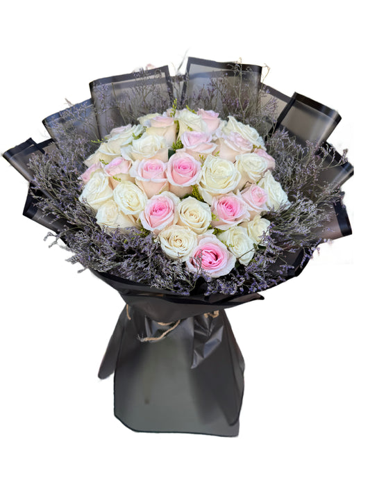 30 White & Pink Roses Hand Bouquet