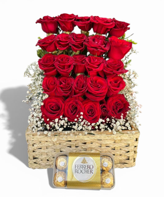 25 red roses & Ferrero Rocher in box
