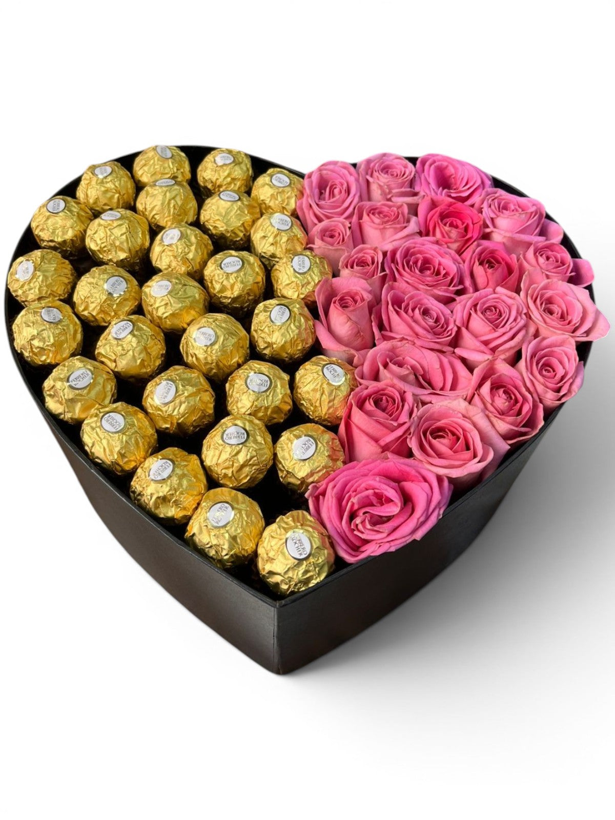 Heart Box with 25 Pink Roses and 32 Ferrero Rocher