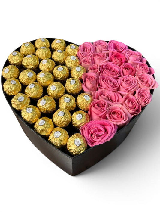 Heart Box with 25 Pink Roses and 32 Ferrero Rocher