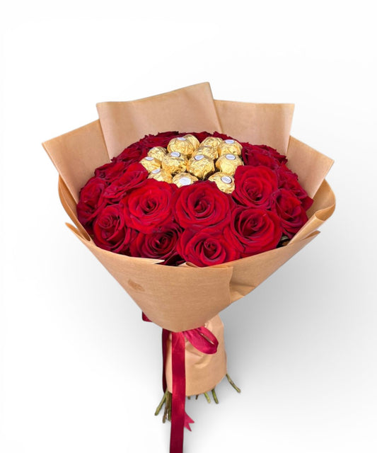30 red roses and 12 Ferrero Rochers