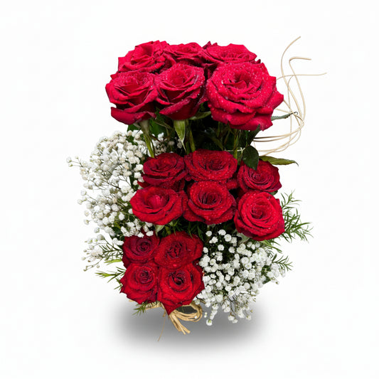 16 red roses & baby flowers vase