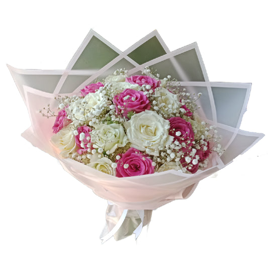 20 Pink & White Roses Hand Bouquet