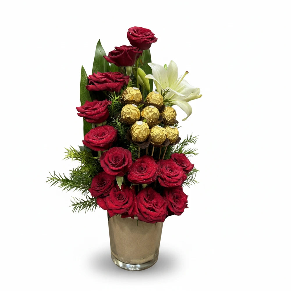 Red roses with chocolate vase