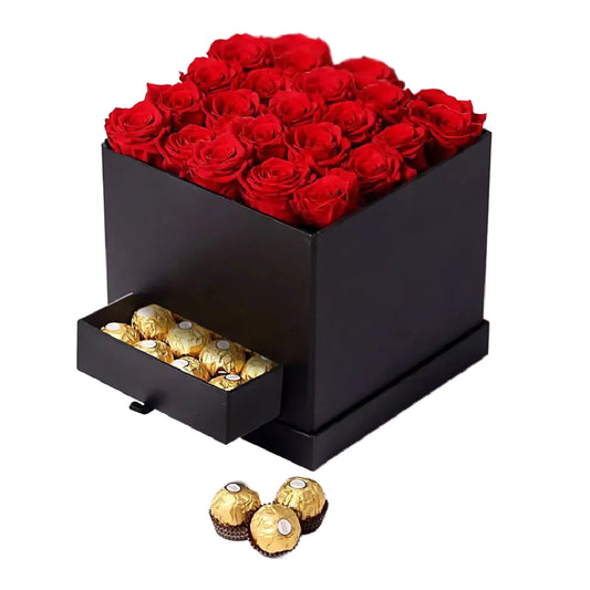 Square Box with 20 Red Roses and 16 Ferrero Rocher