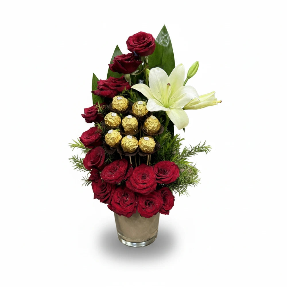 Red roses with chocolate vase