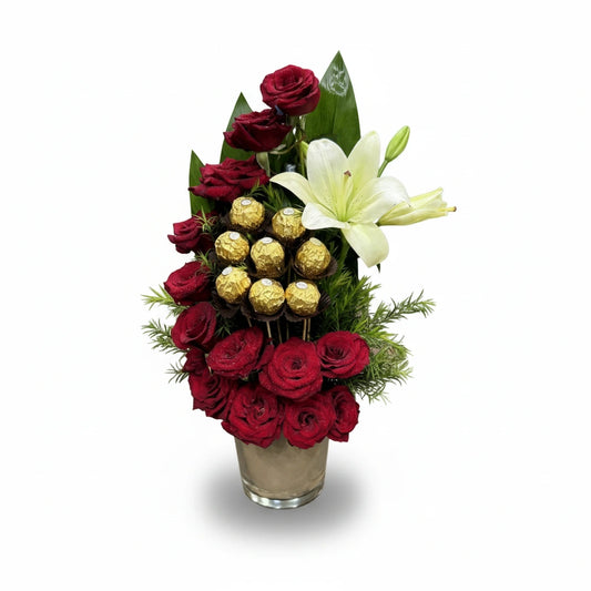 Red roses with chocolate vase