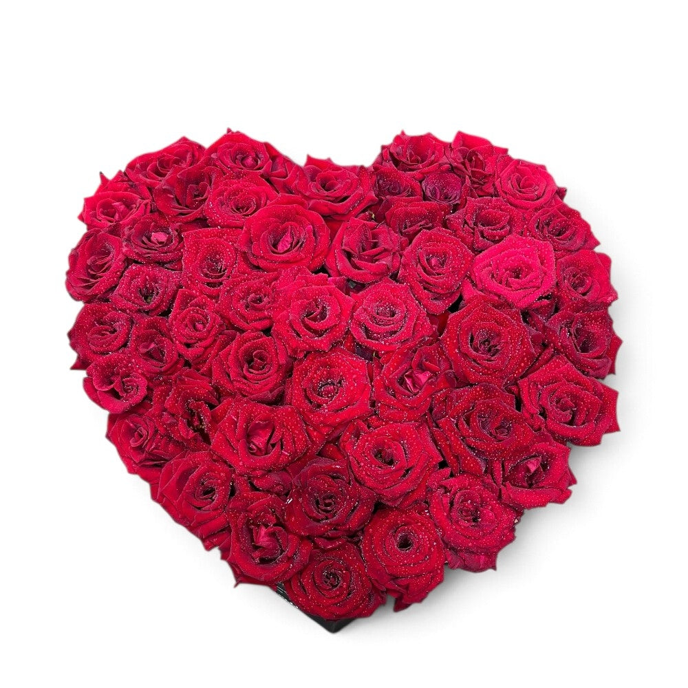 50 Red Roses In Heart Box