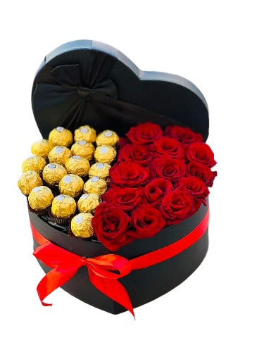 Heart Box with 15 Red Roses and 16 Ferrero Rocher