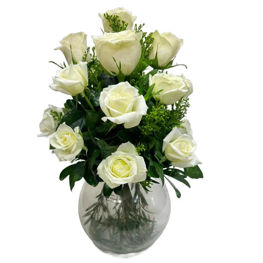 20 white roses in vase