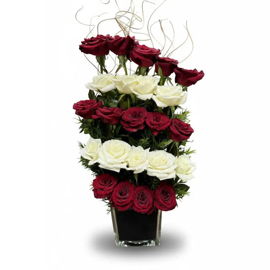 White & red roses vase
