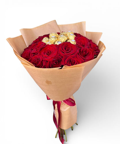 30 red roses and 12 Ferrero Rochers
