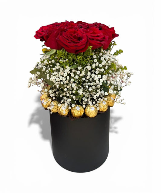 Box with 20 Red Roses and 16 Ferrero Rocher