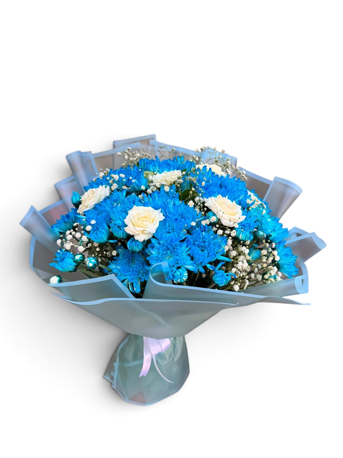 White Rose & Blue  Chrysanthemum Bouquet