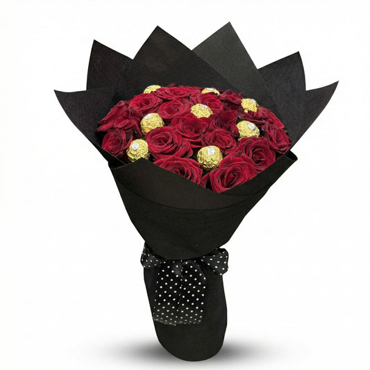 (20 - 150) Red Flowers With 8 Piece Frerro Rocher Chocolate Bouquet