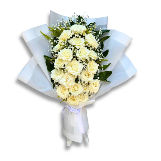 20 White Roses with White Cover Bouquet