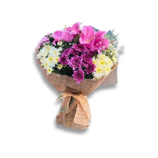 Pink Lilies & Purple and white Chrysanthemum Bouquet