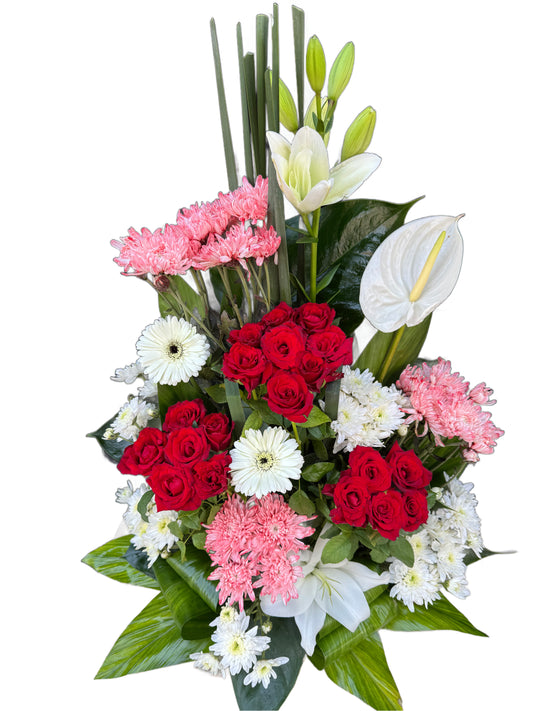 Lilies, Pink Chrysanthemums & Red Roses Bouquet
