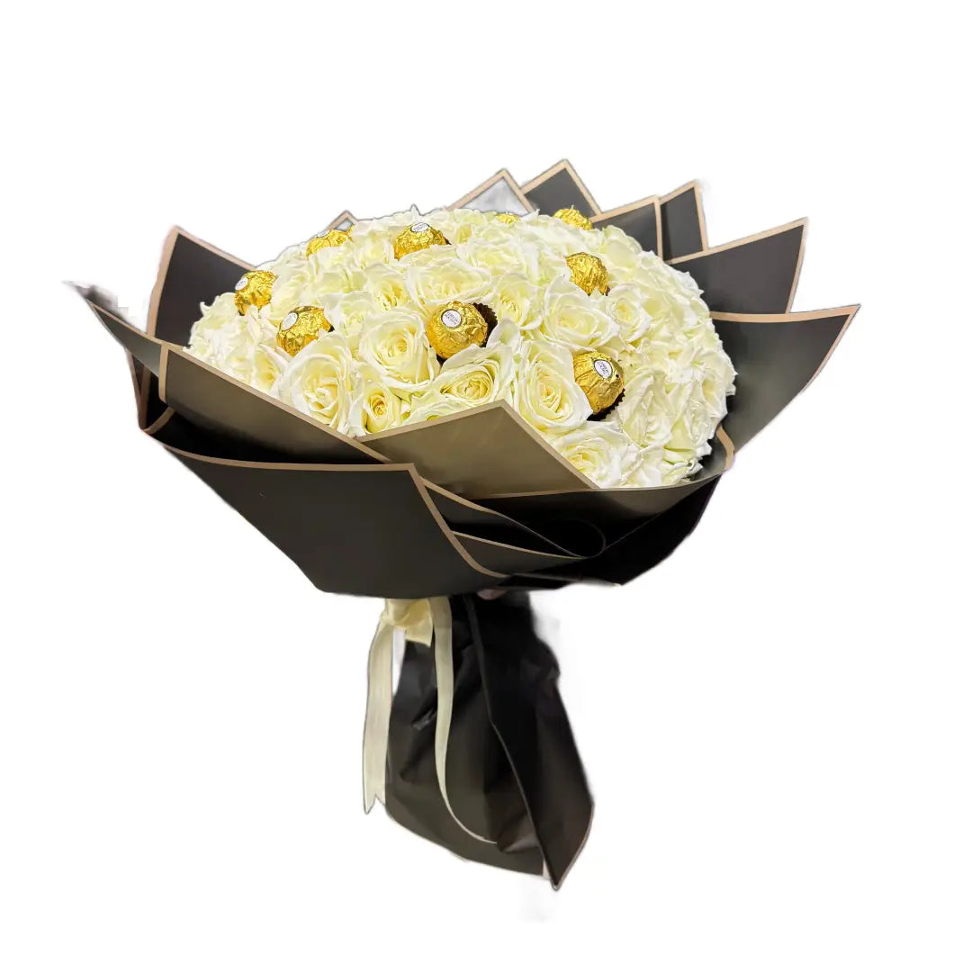 (20 - 150) White Flowers With 16 Piece Frerro Rocher Chocolate Bouquet