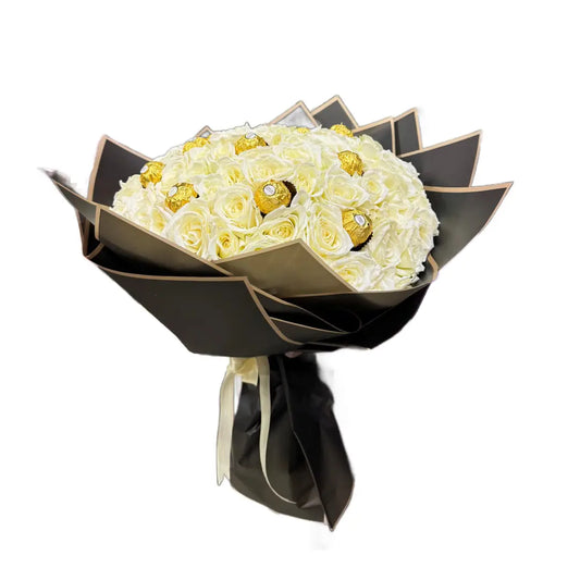 (20 - 150) White Flowers With 16 Piece Frerro Rocher Chocolate Bouquet