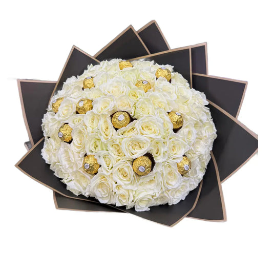 (20 - 150) White Flowers With 16 Piece Frerro Rocher Chocolate Bouquet